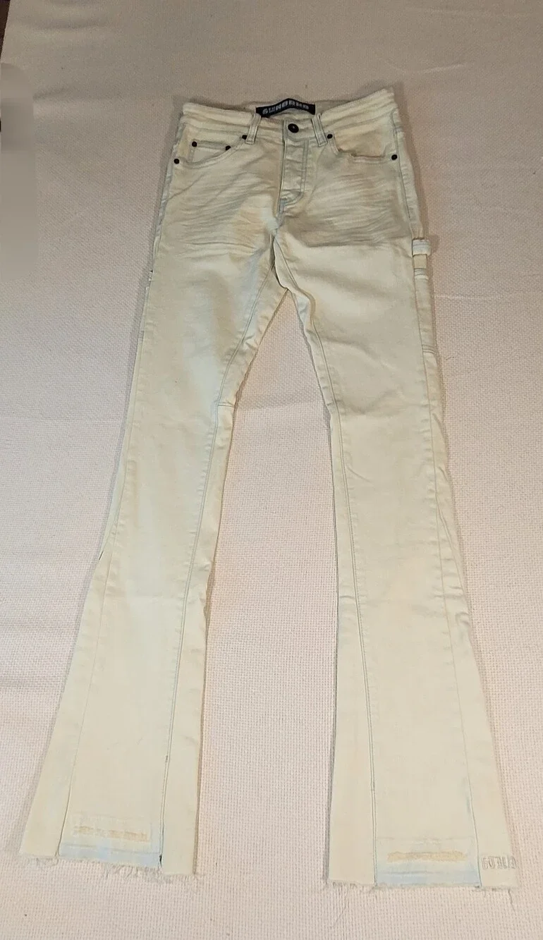 6th NBRHD Jeans Mens 28 Yellow Wash Stacked Flare Button Fly Distressed Raw Hem